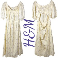 H&M Yellow Floral Puff Sleeve Cotton Midi Dress Cottagecore Boho Size L