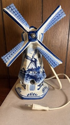 Vintage Delft Holland Blue White Ceramic Windmill Lamp Night Light