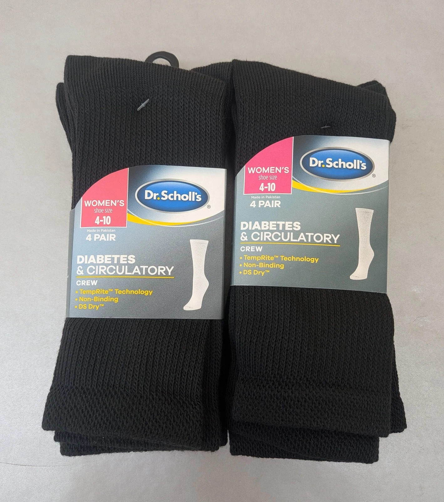 (2x4pks) Dr.Scholls's Womens Diabetic & Circulatory Crew Socks Black Size 4-10