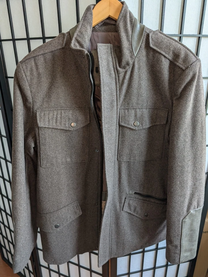 Abrigo Kenneth Cole Lana Guisante M Marrón Cuero Puños Hombres Chaqueta RN54163 CA57151 Foto 3 de 4