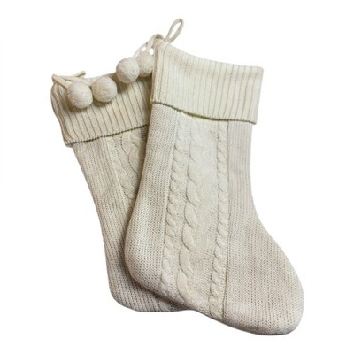NEW Pair of Two Cream Cable Knit Christmas Stockings with Pom Poms Ivory Knit