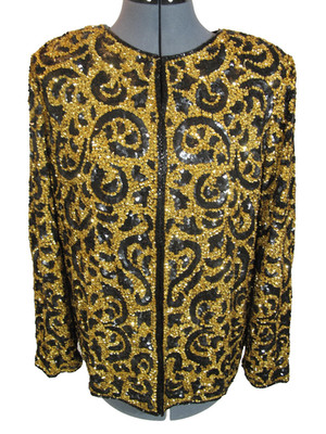 VTG Rina Z. Silk~Sz M~Gold~Black Sequins Embellished Evening Horse Show Jacket