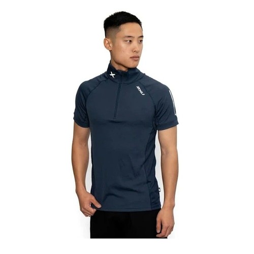 2XU Men's Half Zip Tech Short Sleeves Polo Shirt | Navy | Reflective - Picture 2 of 10