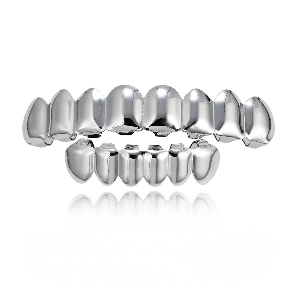 Custom Fit Silver Plated Joker Teeth Grillz Caps Top & Bottom Set - Foto 3