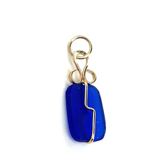 Petite 14k Yellow Gold 7/8" High Cushion Shaped Blue Sea Glass Pendant .6 Grams