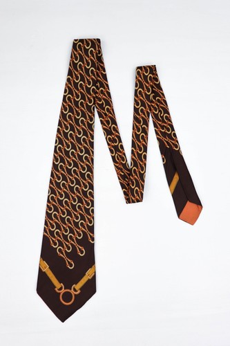 Gucci Vintage Seidenkrawatte braun Horsebit Monogramm Muster bedruckt Grafik - Bild 3 von 9