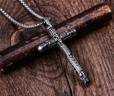 Mens Stainless Steel Gothic Biker Skull Cross Pendant Necklace For Men