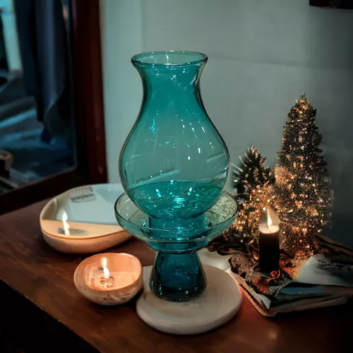 Mid Century Modern Morgantown Glass Peacock Blue Hurricane Candle Holder