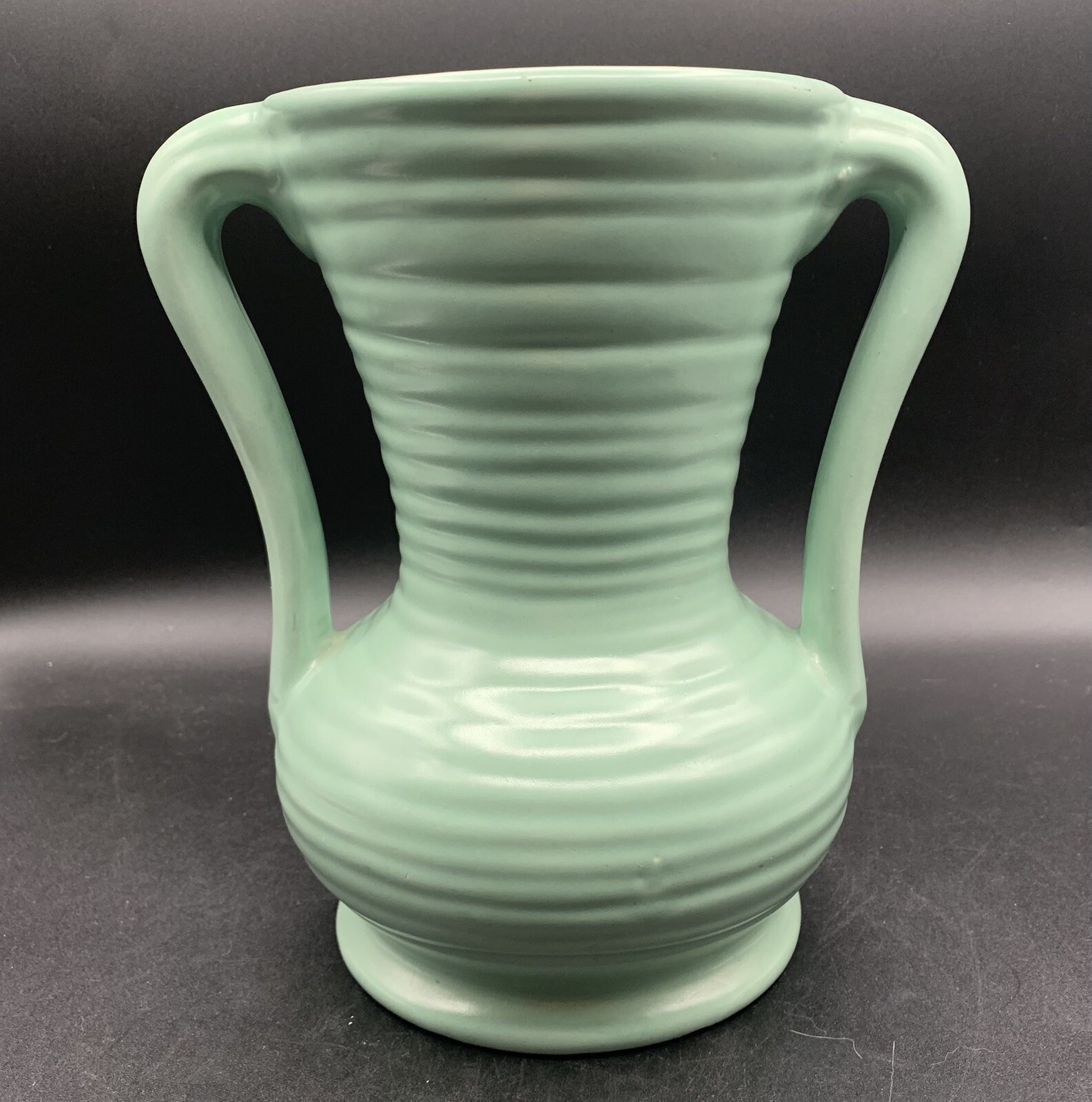 Vintage MCM Haeger? Glossy Green Double Handle Urn Vase Ringed Ribbed