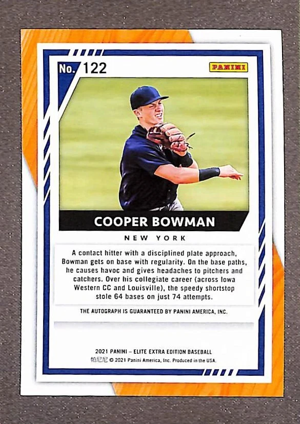 2021 Panini Elite Extra Edition #122 Cooper Bowman Rookie RC Auto NY Yankees - Image 2 of 3