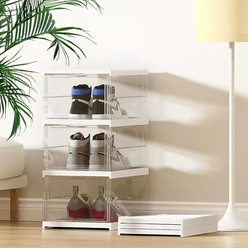 Shoe Boxes Stackable Transparent - Shoe Organiser Plastic Shoe Rack with Door - Image 2 of 4