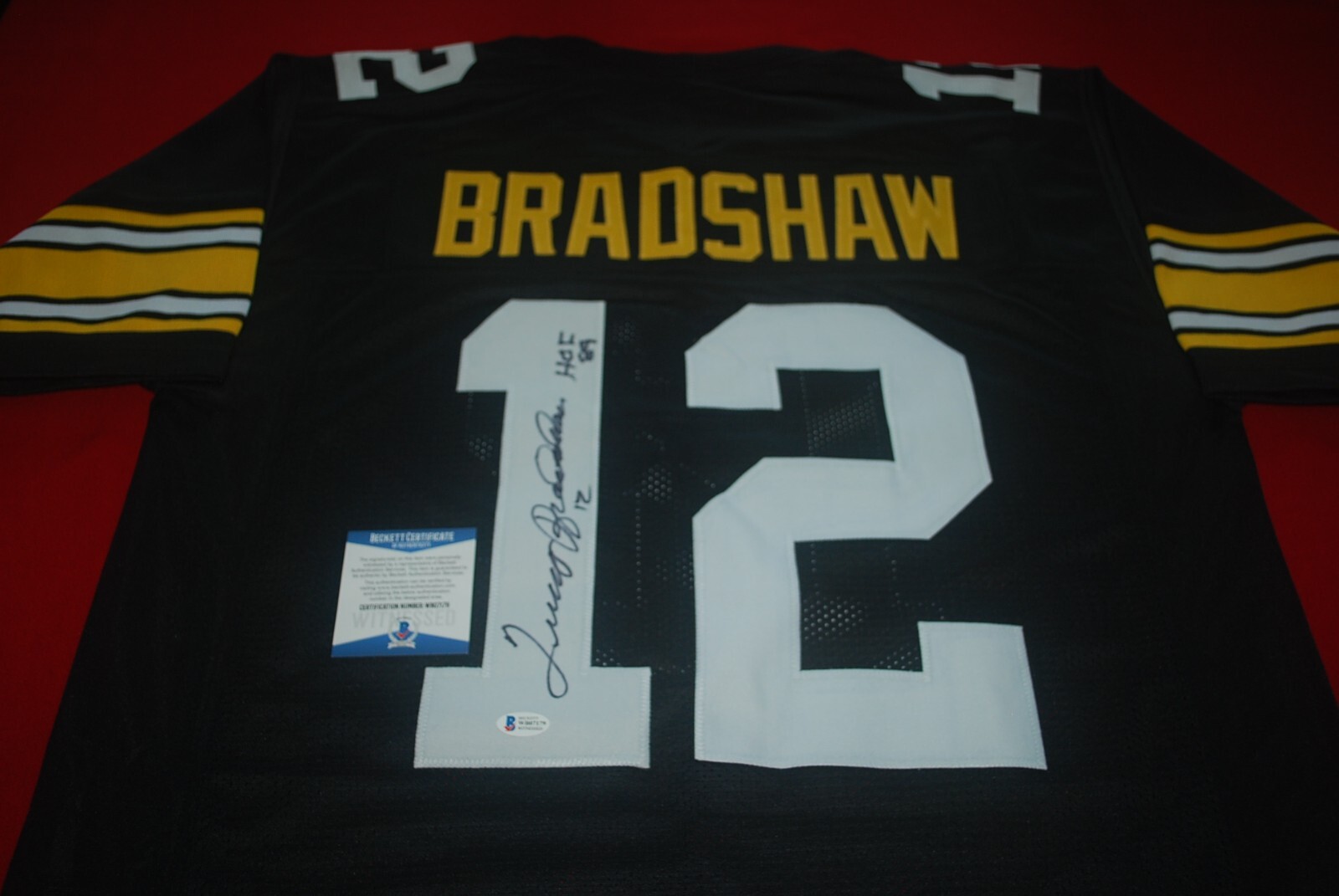 TERRY BRADSHAW Autographed Signed Pittsburgh Steelers Steelers Jersey HOF 89 Beckett Witnessed WB07179 