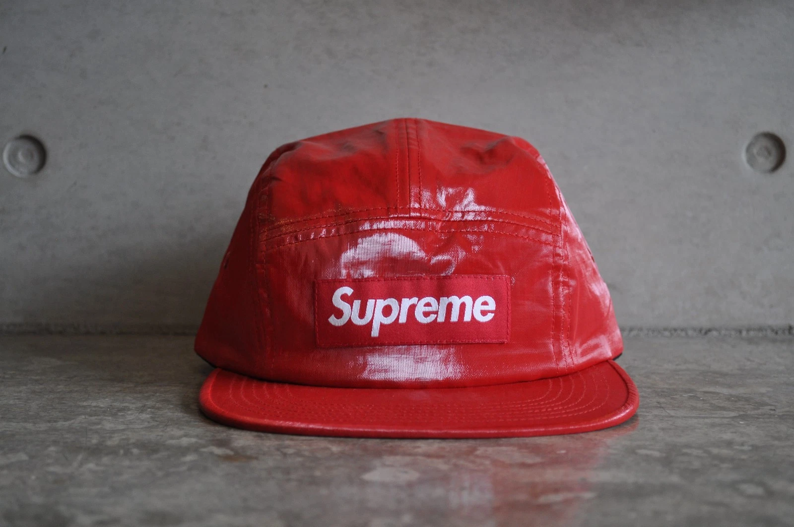 Casquette de camp logo boîte en lin enduit suprême   Rouge