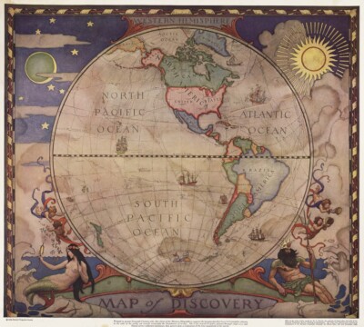 NC Wyeth Map of Discovery Eastern & Western Hemisphere  (Set)   Art Prints 1928