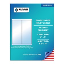 Glossy White Sticker Labels 4" x 5" - 100 Labels for Inkjet Printing Sheets