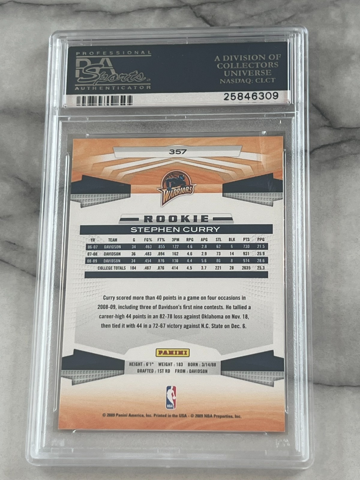 2009 Panini Stephen Curry RC PSA 10 view 2