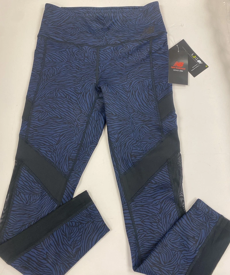 ¡NUEVO CON ETIQUETAS! Leggings New Balance Pequeños Para Mujer Azul Marino Estampado Animal Panel de Malla Cebra Foto 3 de 4
