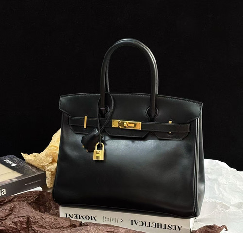 AUTH Hermès Birkin 30 Black Box Calf Leather Gold Hardware Top Handle Bag