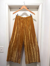 Gold Velvet Wide-Leg Cropped Pants Elastic Wa...