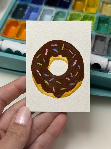 ACEO Original Mixed Media Painting 2.5x3.5in/ Chocolate Donut / Mini Art