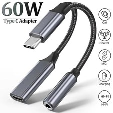 2 in 1 Type-C USB C to 3.5mm AUX Audio Headphone Jack Adapter Charger Cable New