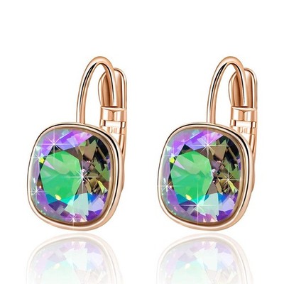 Austrian Crystal Square Cushion Drop Leverback Earrings for Women 14K Rose  - 01