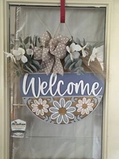 18” Wooden Welcome Sign for Front Door – Farmhouse Floral Hanging Décor Bow