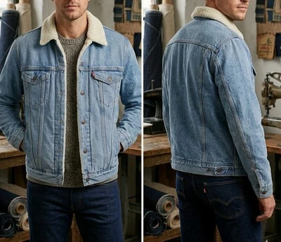 Levi's Mens Sherpa Trucker Jacket Light Wash Blue Denim Fleece Lined Coat M