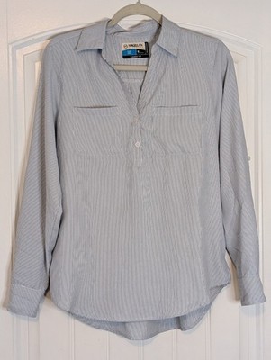 Magellan Outdoors Fish Gear Blue/Gray and White Striped Collared Fishing Shirt
