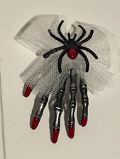 Gothic Halloween Spider Skeleton Hand w ribbon Hair Clip Barrette Red Nails new