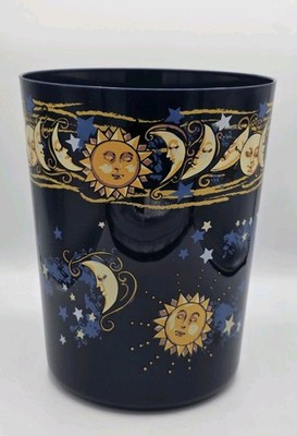 Vintage Celestial Sun Moon Stars Navy Blue Small Wastebasket 90's