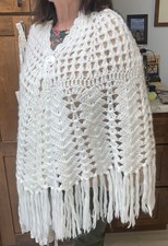 Vintage Crochet Poncho Cape Shawl Boho Hippie Grandma Cottage Fringe Button