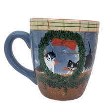 Oneida Cat Friends Mug 20oz Earthenware coffee cup Cats Christmas Hand Painted L