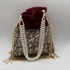 Indian Bridal Potli Bag Pearl Handle Mirror Work Velvet Wedding Purse