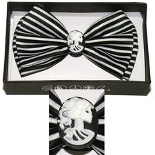 BLACK WHITE STRIPES LADY CAMEO IN CENTER TUXEDO ADJUSTABLE BOWTIE BOW TIE-NEW!