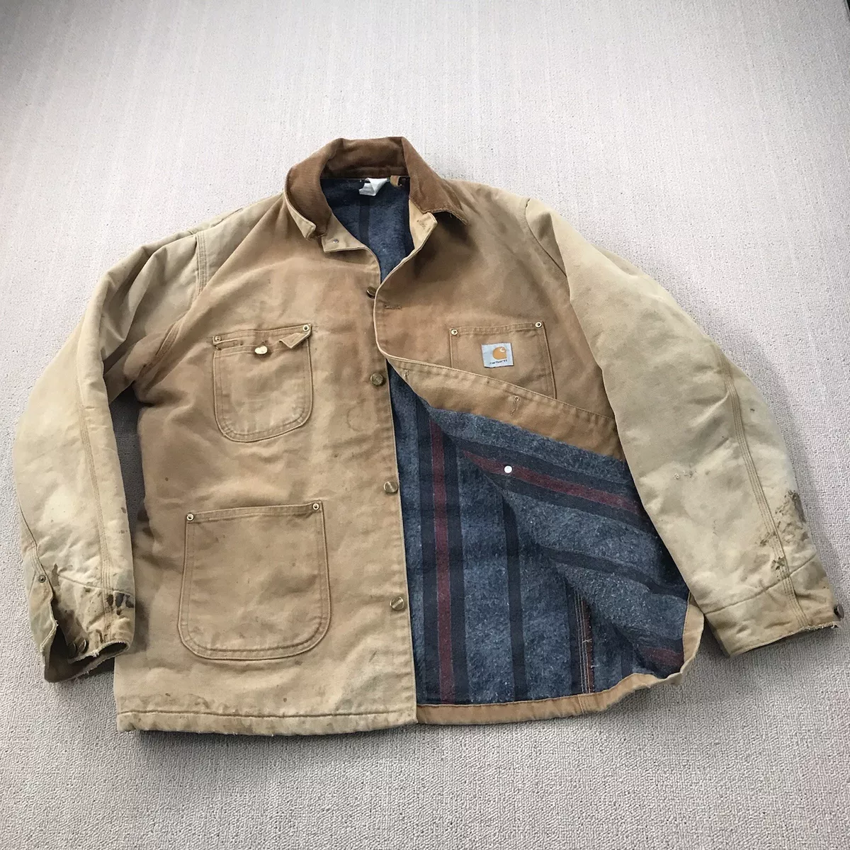 Vintage 90s Carhartt Chore Denim Jacket Workwear Jeans Faded 