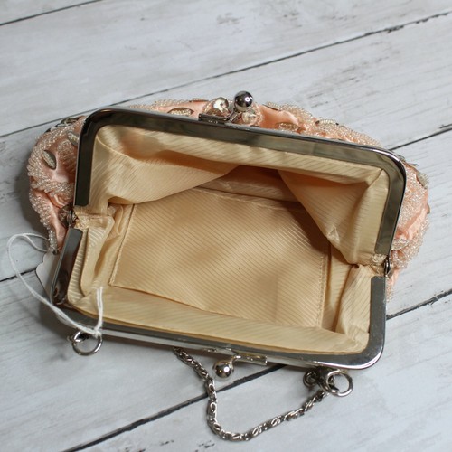 Vintage Damen Perlen Seide Handtasche Rosa Silber Abendtasche Metall Schulterriemen - Bild 8 von 9