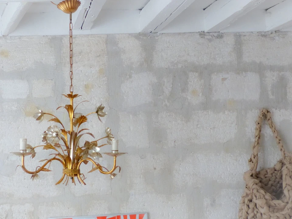 Lámpara de techo esmaltada plateada y dorada 70' Regency Mid Century HANS KOGL St Foto 3 de 4