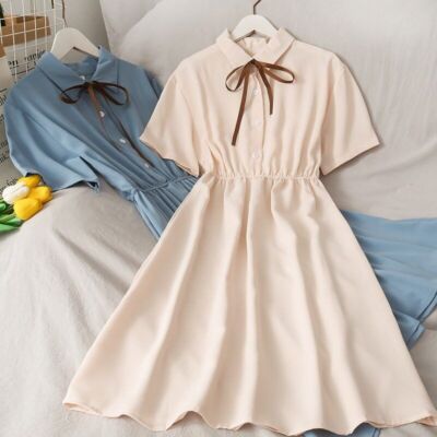 Dress Women Chiffon Bow Solid High Waist Turn-down Collar Preppy Style | eBay Dress Women Chiffon Bow Solid High Waist Turn-down Collar Preppy Style | eBay