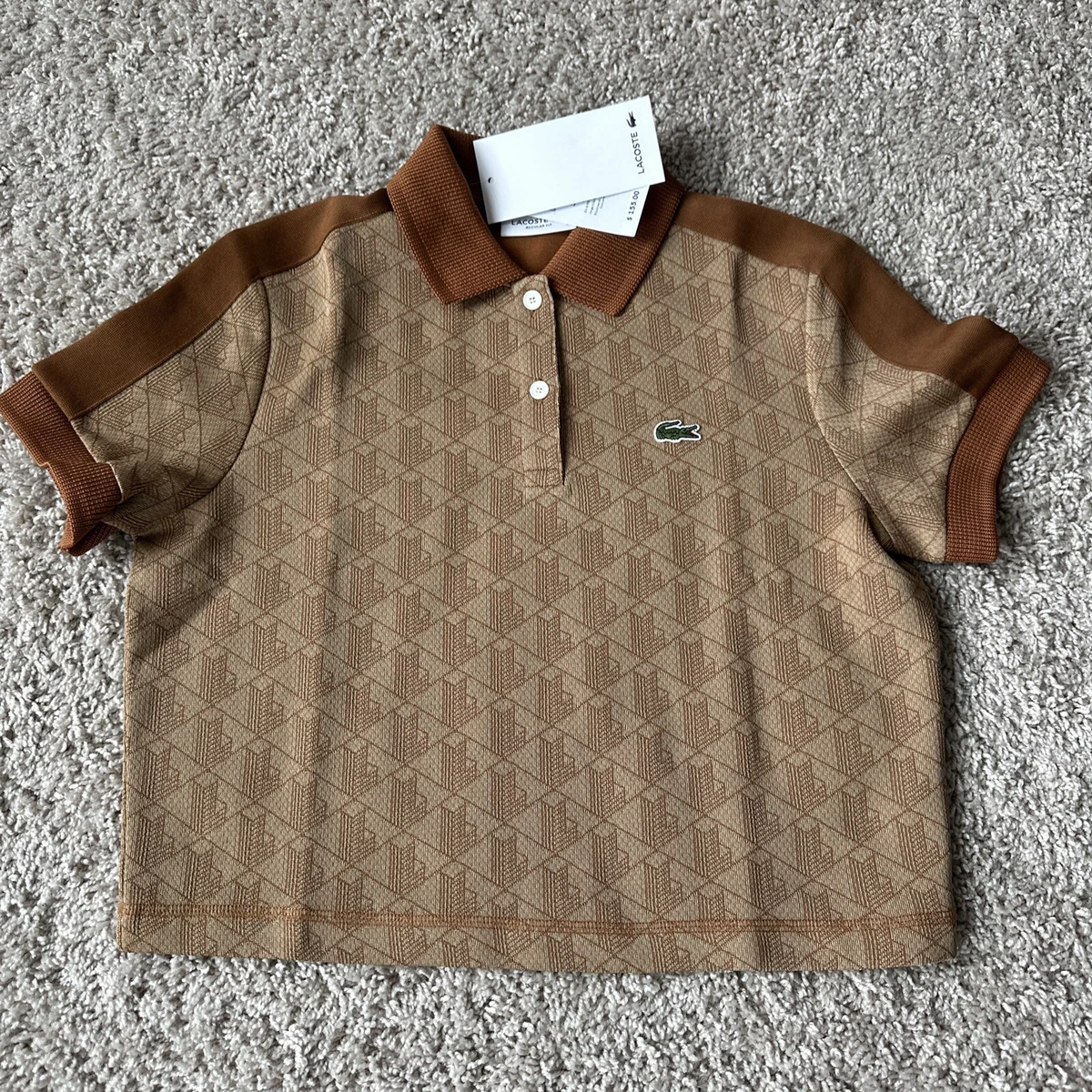 Lacoste Fit Monogram Print Beige Brown Polo Women Sz 38-6 Small