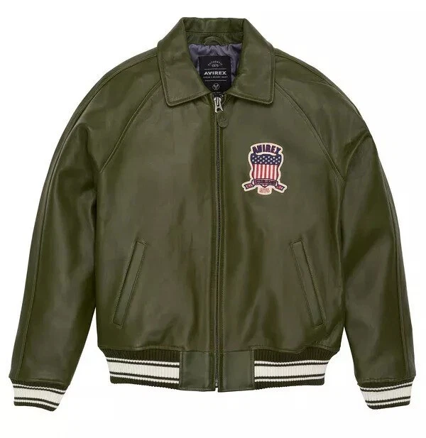 Chaqueta de cuero de vaca real Avirex Olive Icon Bomber para hombre Foto 3 de 4