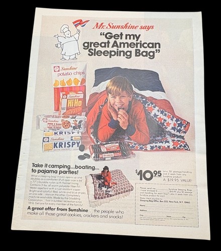 Sunshine Cookies and Crackers Vintage Print Reklame 70er Schlafsack Post im Angebot - Bild 1 von 6