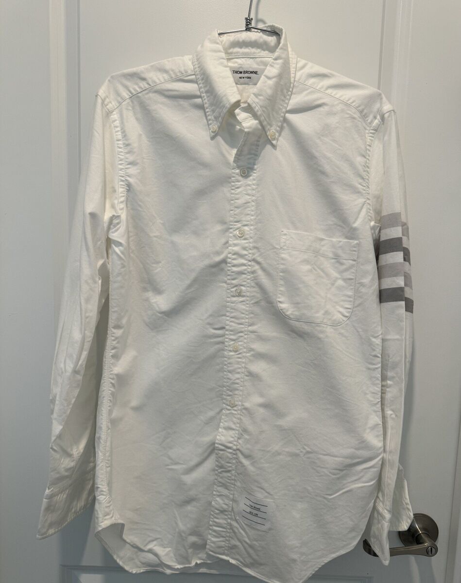 Thom Browne White Oxford LS Shirt White With Grey 4 Bar Size Thom Browne White Oxford LS Shirt White With Grey 4 Bar Size