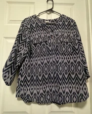 NOTATIONS Top shirt blouse L 12 Bust 42 Length 27 Blue/White Geometric Pockets