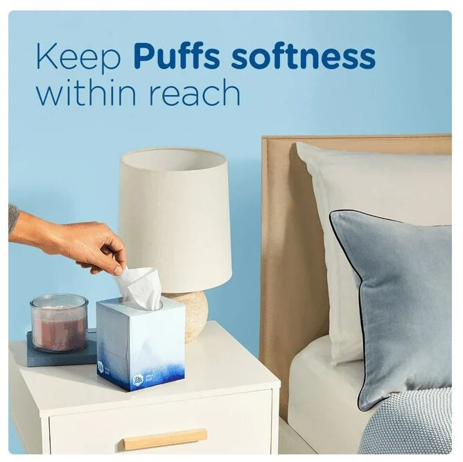 Puffs Ultra Soft Facial Tissues, 6 Family Size Boxes, White, 124 Facial
