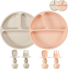 PandaEar 2 Pack Silicone Divided Suction Plates with 2 Spoons 2 Pink Linen
