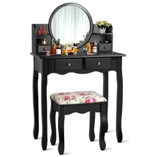 Makeup Vanity Table Set W/Drawers Oval Mirror Girls Dressing Table Black