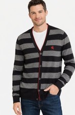 Express Cardigan Sweater Men  s Size M, Black Grey  Red Striped V-neck Button Up
