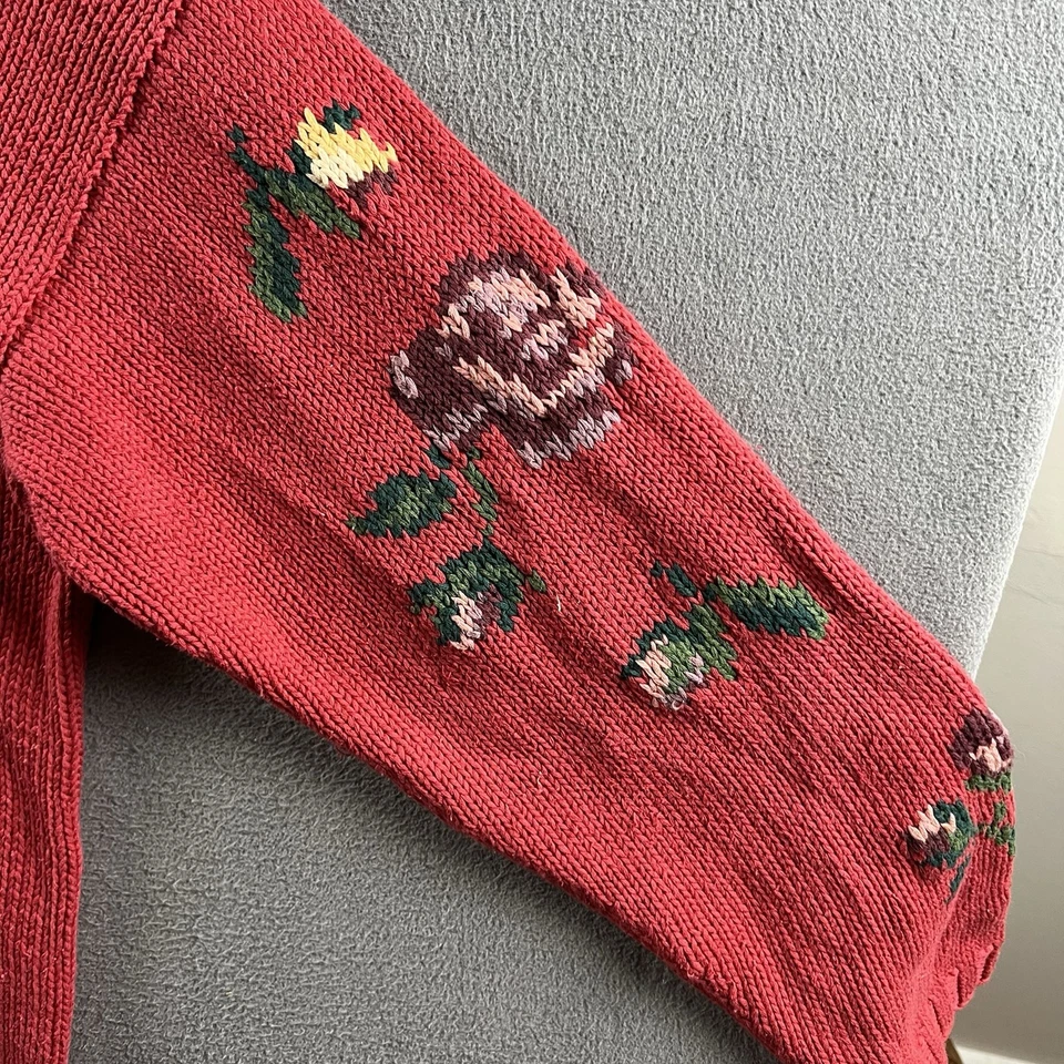 Vintage Eddie Bauer Sweater Women’s Large Red Chunky Knit Floral Cotton 90s - Image 3 of 4