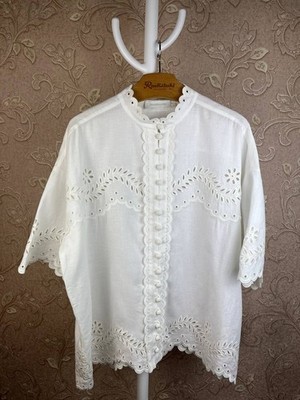 Zimmermann Junie Embroidered Shirt in Linen White Size 4 